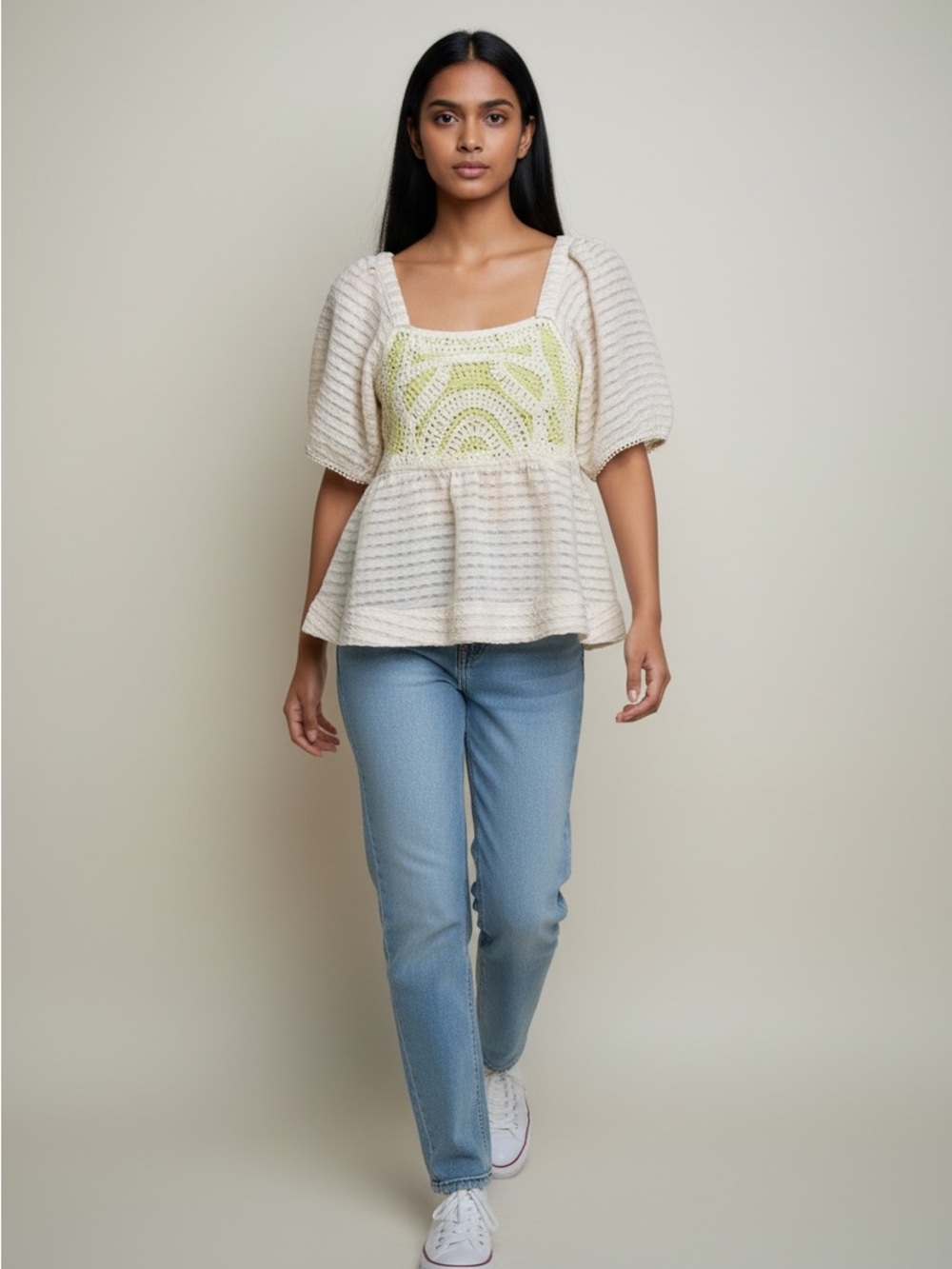 From Anthropologie ivory, CrochetPeplum Blouse with Subtle Light Lime Detail